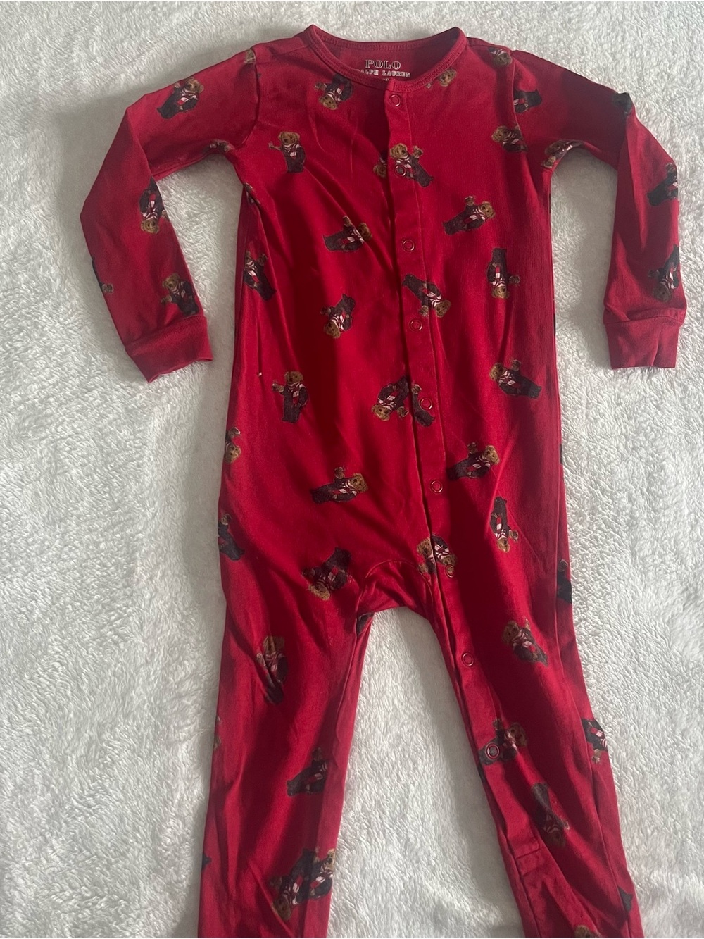 Polo by Ralph Lauren Red Baby One-Piece Snap Bear Print Pajamas Sz 18~24M